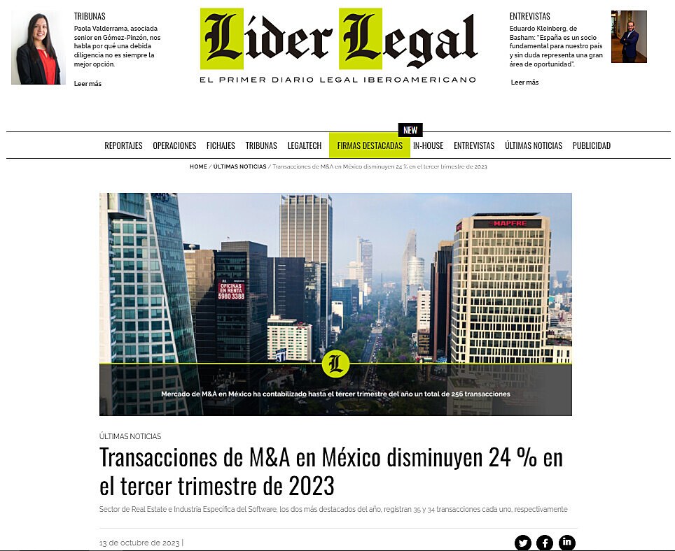 Transacciones de M&A en Mxico disminuyen 24 % en el tercer trimestre de 2023